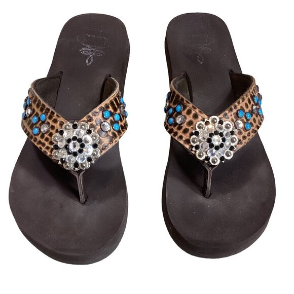 Shyanne Rhinestone Beaded Cowgirl Chunky Flip Flops Brown Turquoise 6.5/7 #299F - Picture 1 of 7